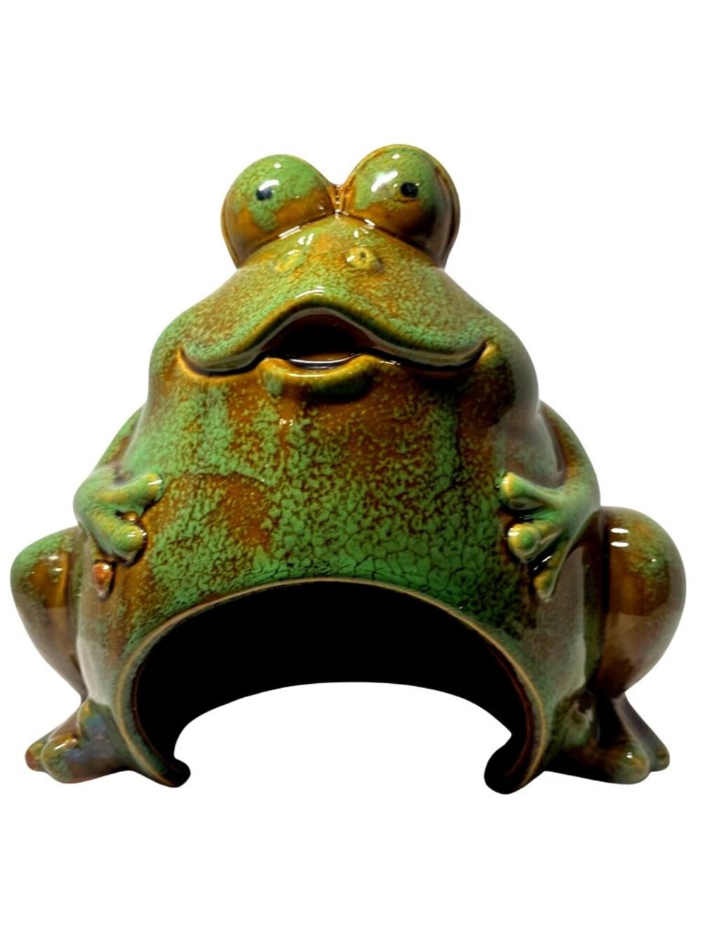 Large Frog-Shaped Green & Brown Ceramic Garden Decoration Glossy Finish 9" Tall